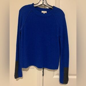 Kinross Cashmere Sweater, crew neck, blue with grey around wrist, size small